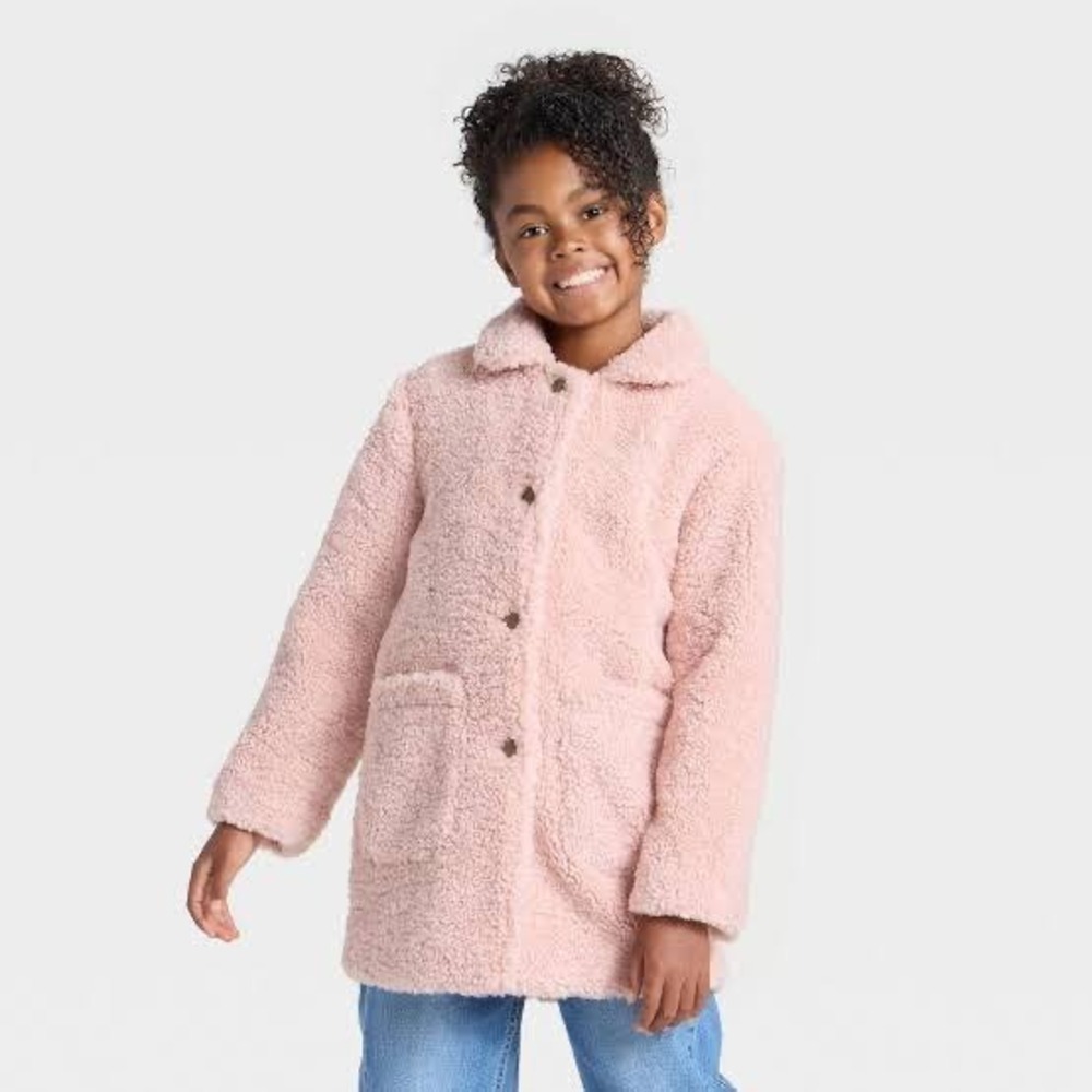 Cat & Jack Girls Light Pink Faux Fur Sherpa Fleece Button‎ Front Jacket Coat XL